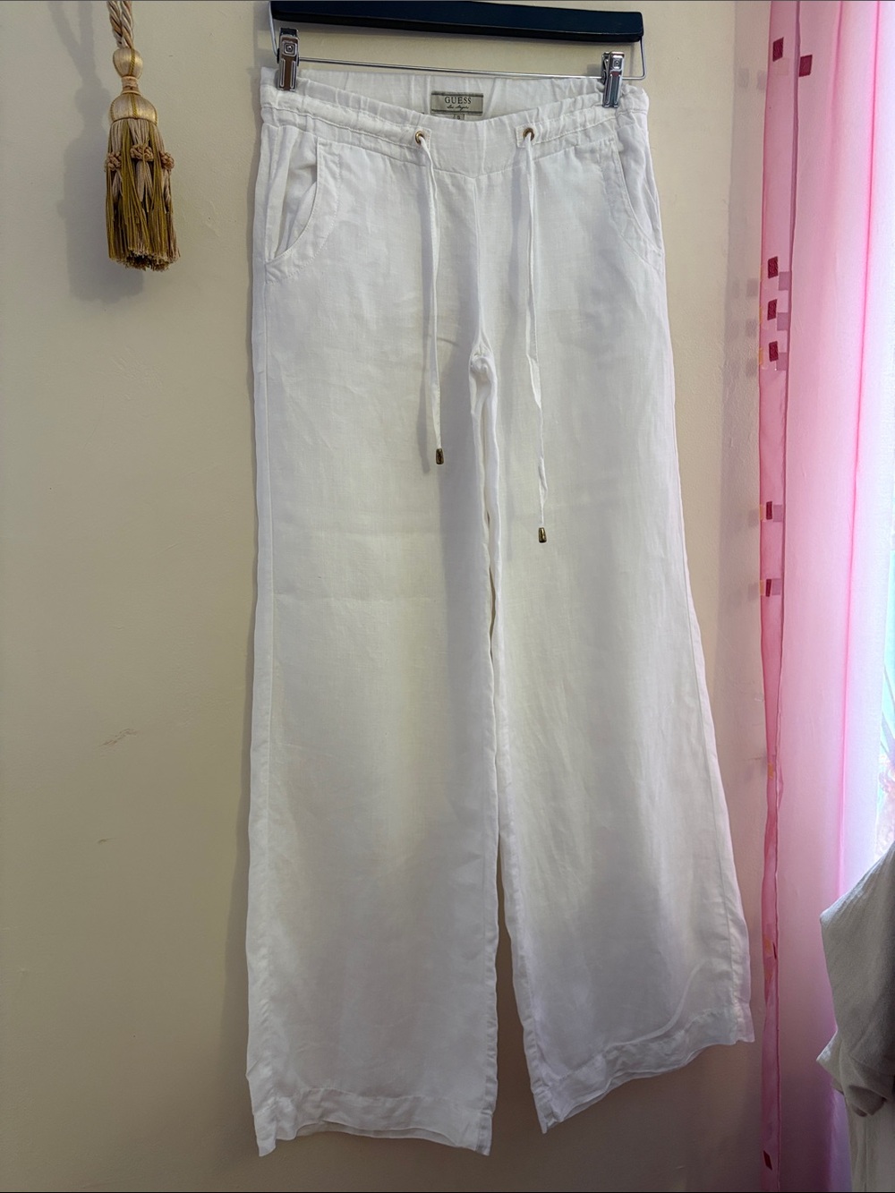 Guess White Linen-Blend Wide Leg Drawstring Pants. Linen